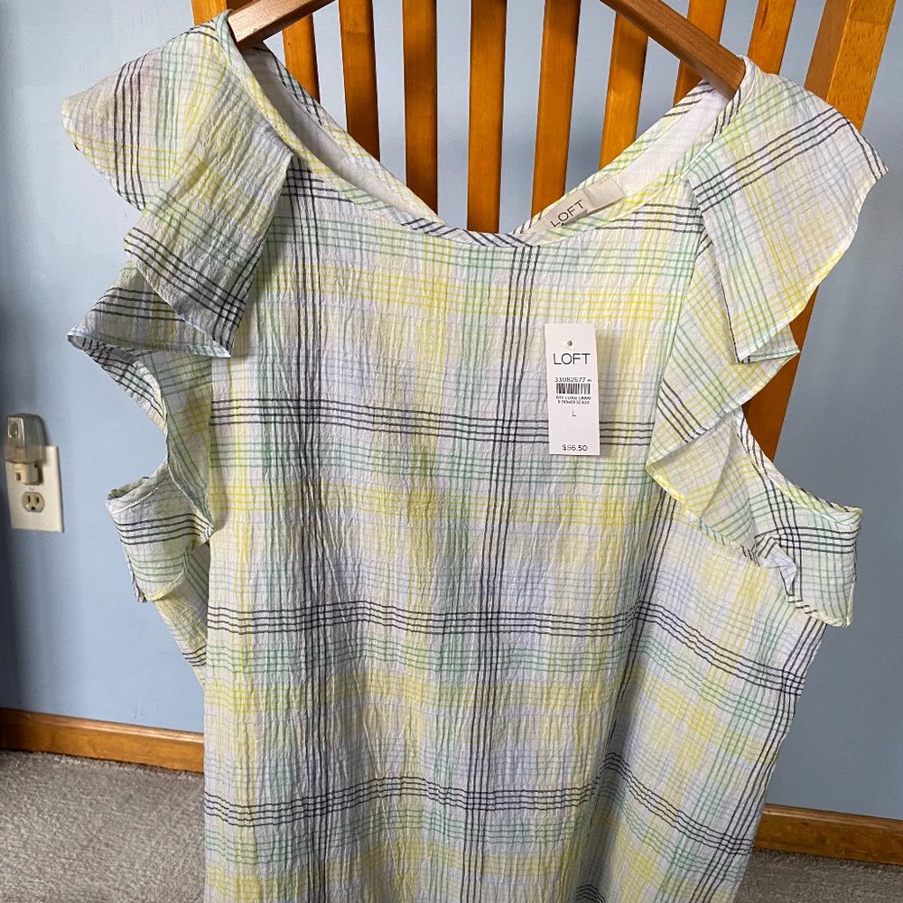 LOFT yellow and navy plaid ruffle sleeve top size LARGE! NEW!
